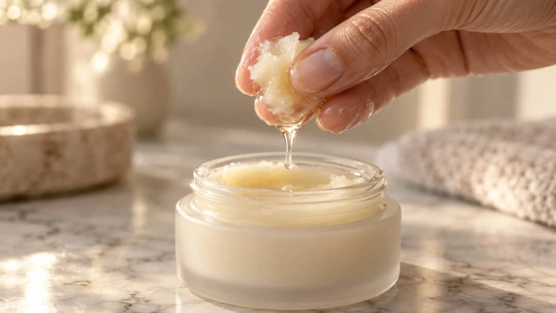 Fingertips holding a piece of cleansing balm above an open jar, a thread of clear oil dripping from it as the solid balm melts