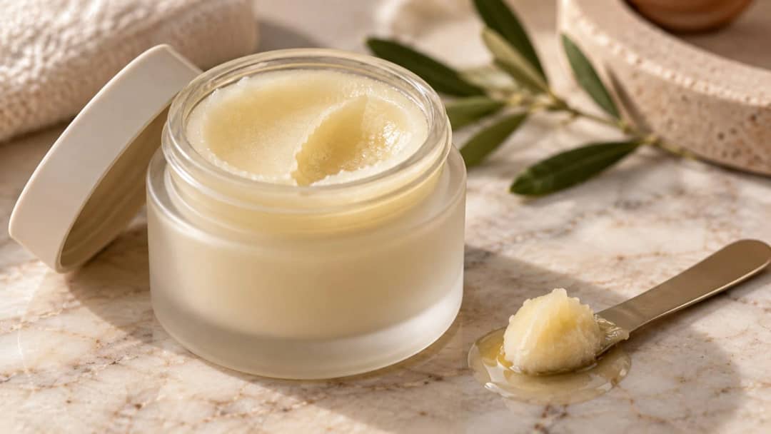 An open frosted jar of pale cleansing balm with a scoop taken out of its sorbet-like surface, and a brass spatula holding a dollop beside it