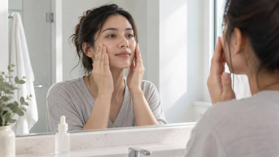 Woman patting serum into her cheeks in front of a bathroom mirror in soft morning light