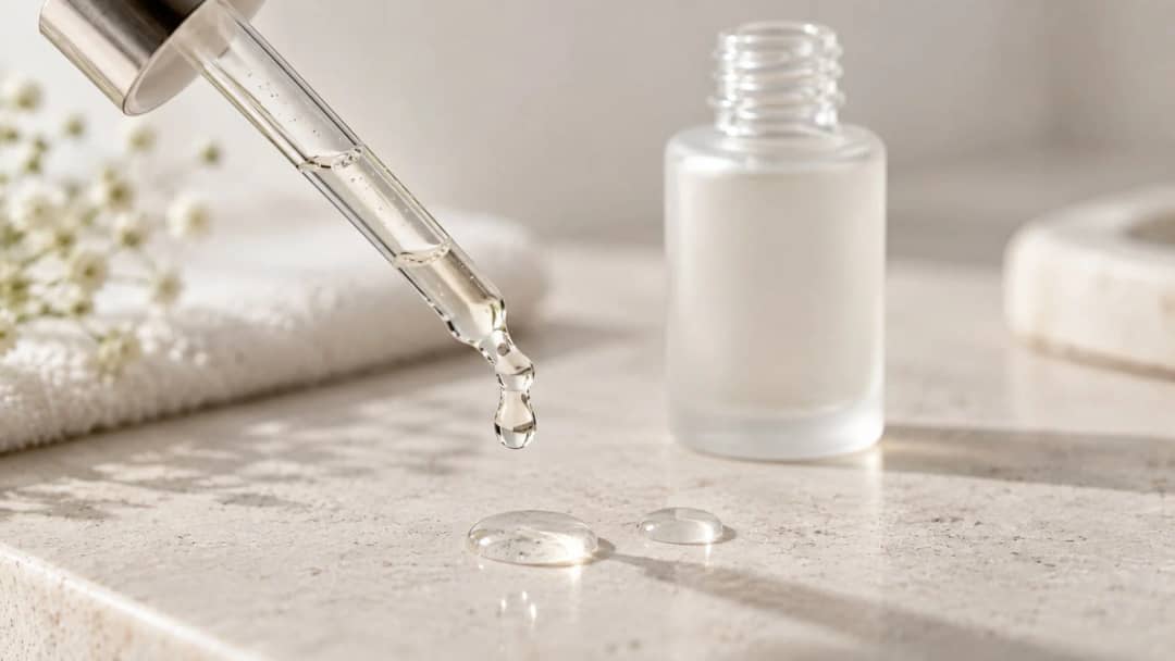 Glass dropper releasing a clear serum droplet onto pale stone beside two droplets and an unlabelled frosted bottle