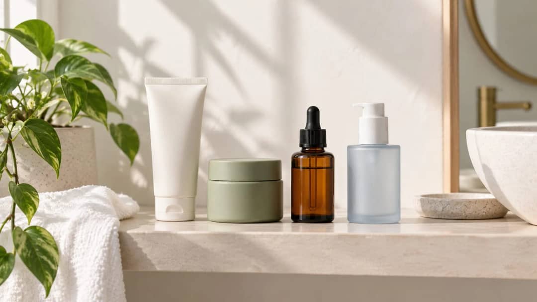 Korean skincare products in white, sage green and amber packaging on a bright bathroom shelf beside a plant
