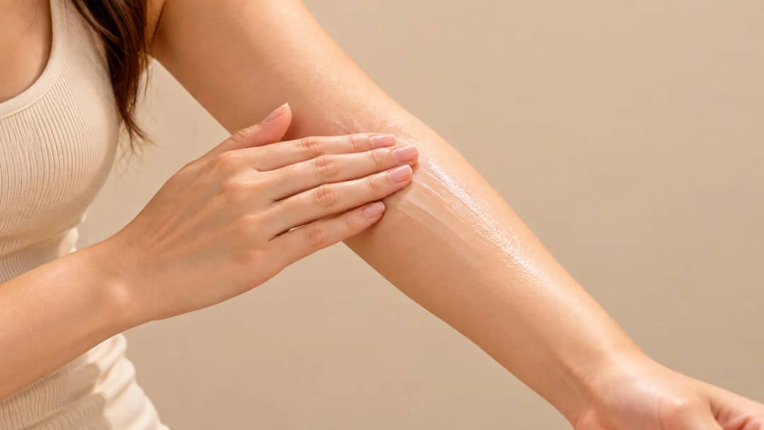 A woman in a cream tank top smoothing sunscreen onto her bare forearm with her fingertips, the product visibly glossy and blending into the skin, against a plain warm beige background.