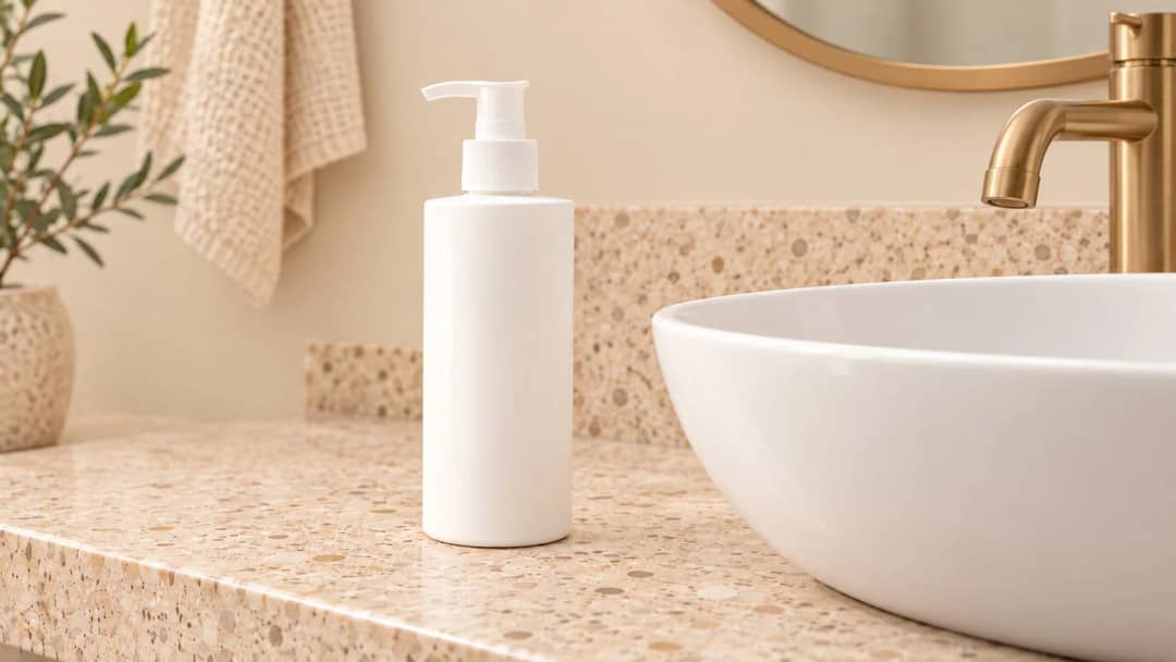 A white pump-style sunscreen bottle standing on a warm terrazzo-style bathroom counter beside a woven towel and a speckled ceramic vase with an olive branch, a brass faucet and round mirror in the background.