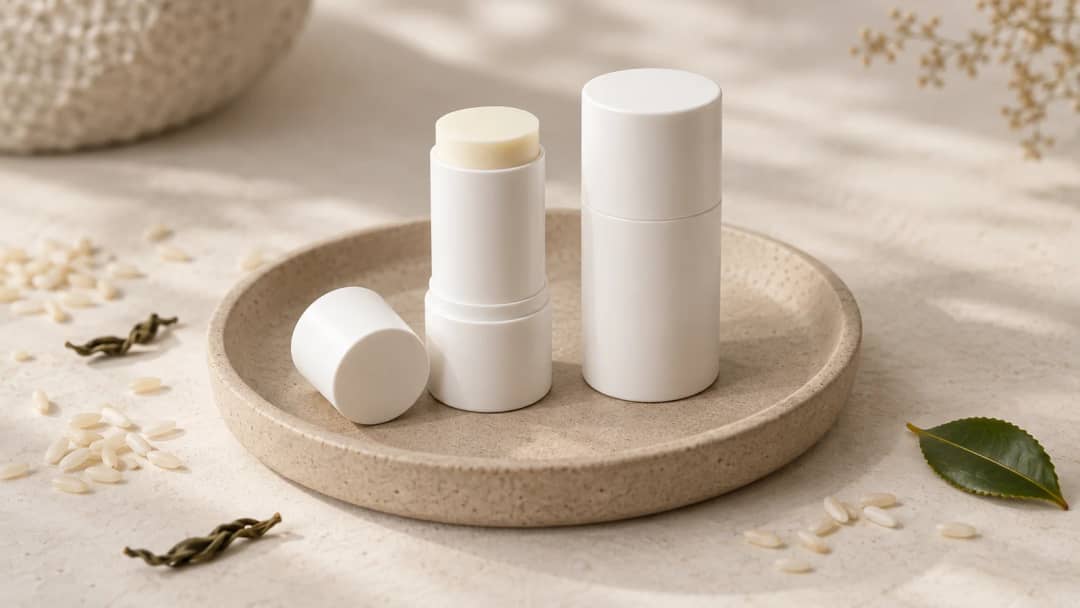 Two plain white sunscreen sticks on a stoneware tray, one twisted up with its cap off and one closed