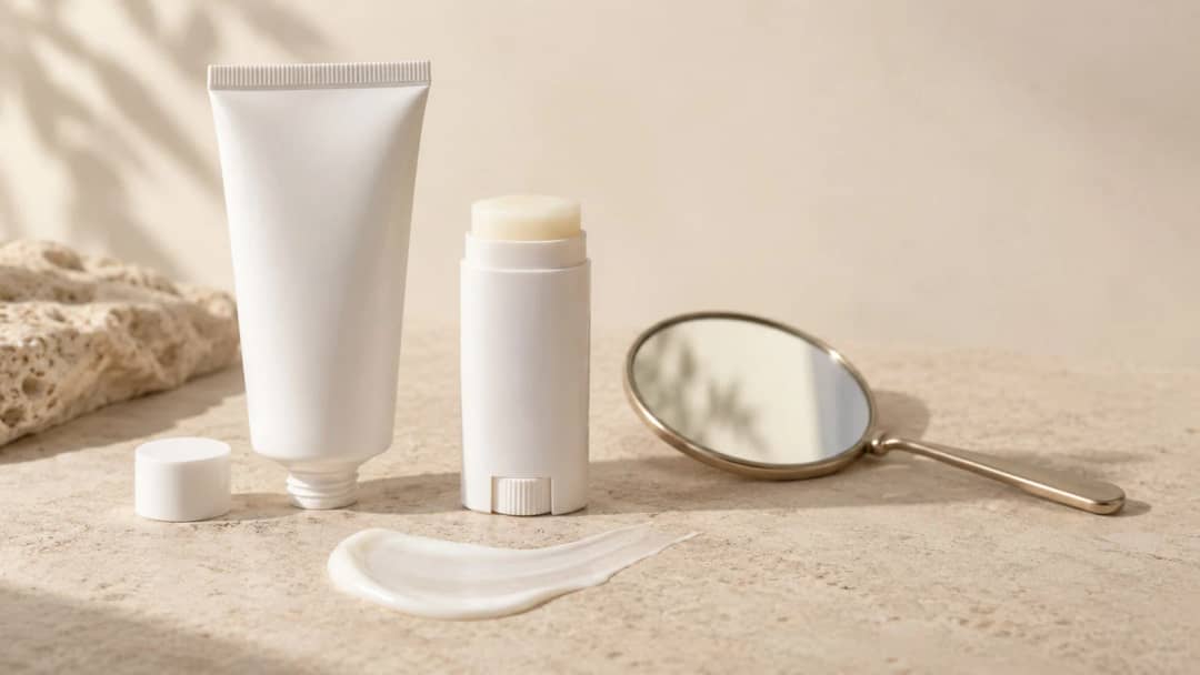 Unlabelled Korean sunscreen tube and stick beside a cream swatch on stone with a palm frond shadow