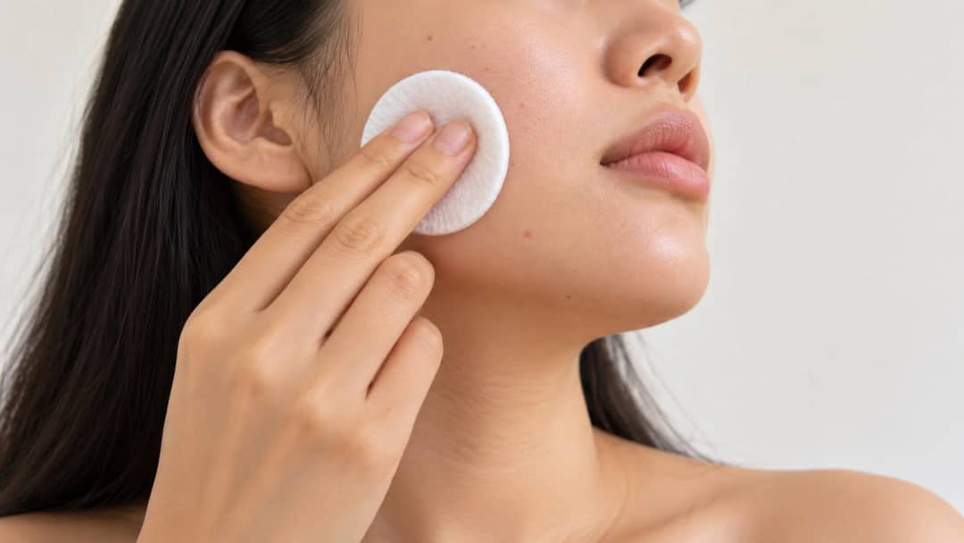 Close up of a woman pressing a white cotton pad of Korean toner against her cheekbone