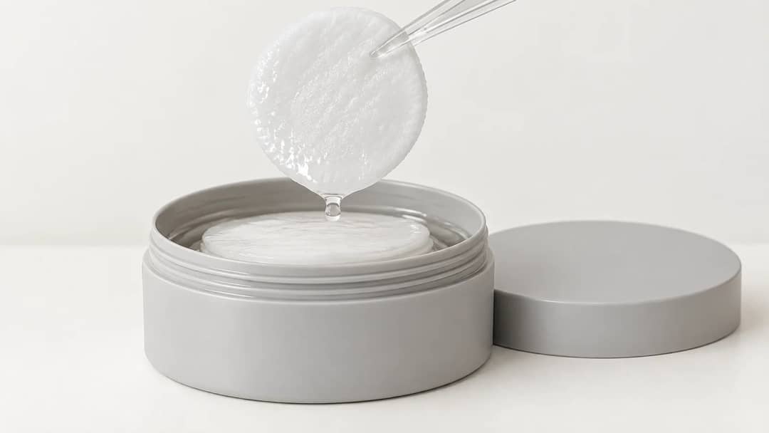 A pad lifted from an open grey toner pad tub on clear tweezers, dripping essence, with the stack of pads visible below