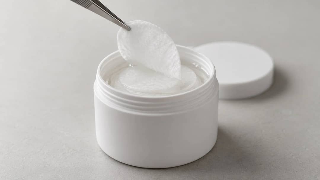 Round cotton toner pads soaked in clear liquid in an open white jar, one lifted out with tweezers