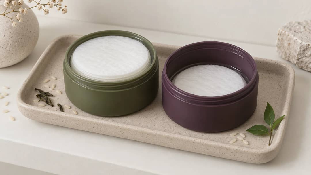 Two open toner pad tubs of the same size on a stoneware tray, one filled to the rim and one holding visibly fewer pads