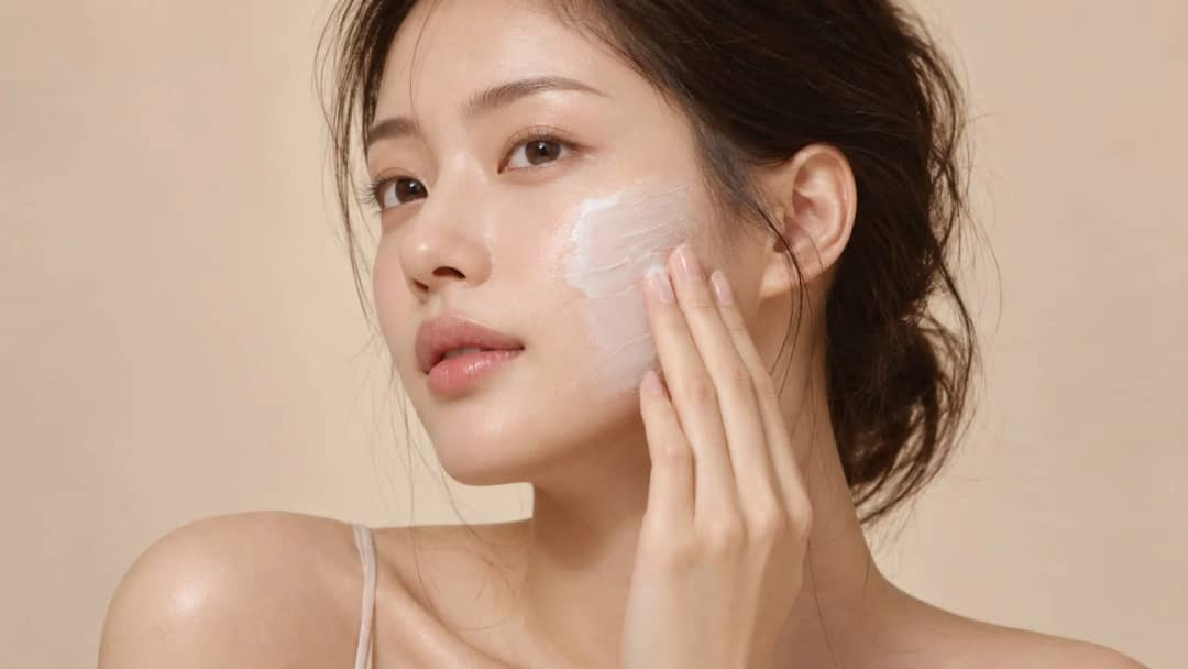 Woman applying a white mineral sunscreen to her cheek with her fingertips