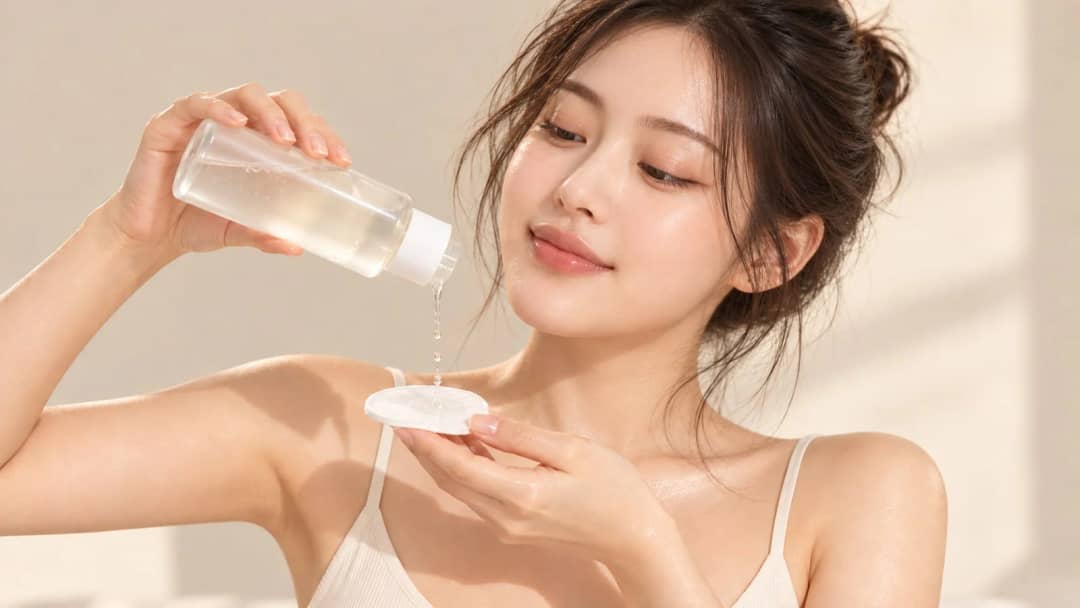 Woman pouring toner onto a cotton pad, smiling with dewy skin