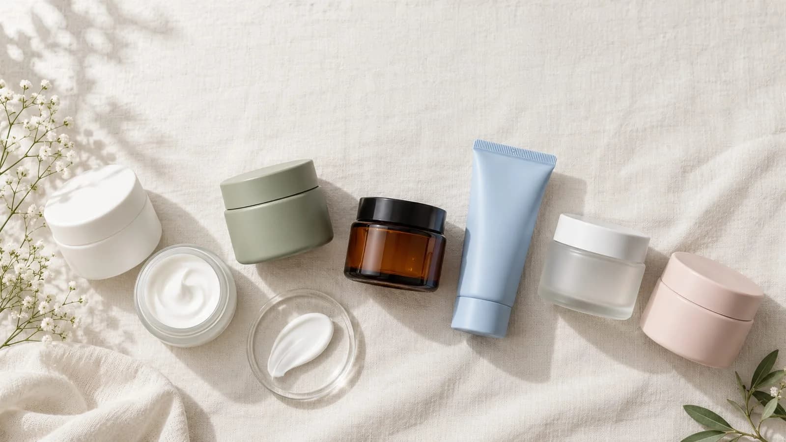 Seven Korean moisturizer jars and tubes in sage green, amber and blush packaging on cream linen, one jar open