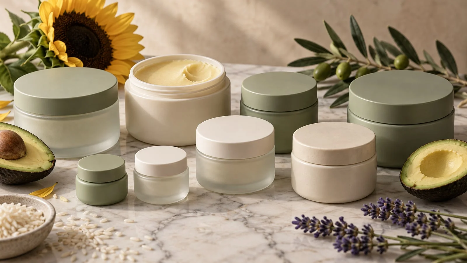 Eight unlabelled cleansing balm jars in several sizes on white marble with a sunflower, an olive branch, halved avocado and lavender