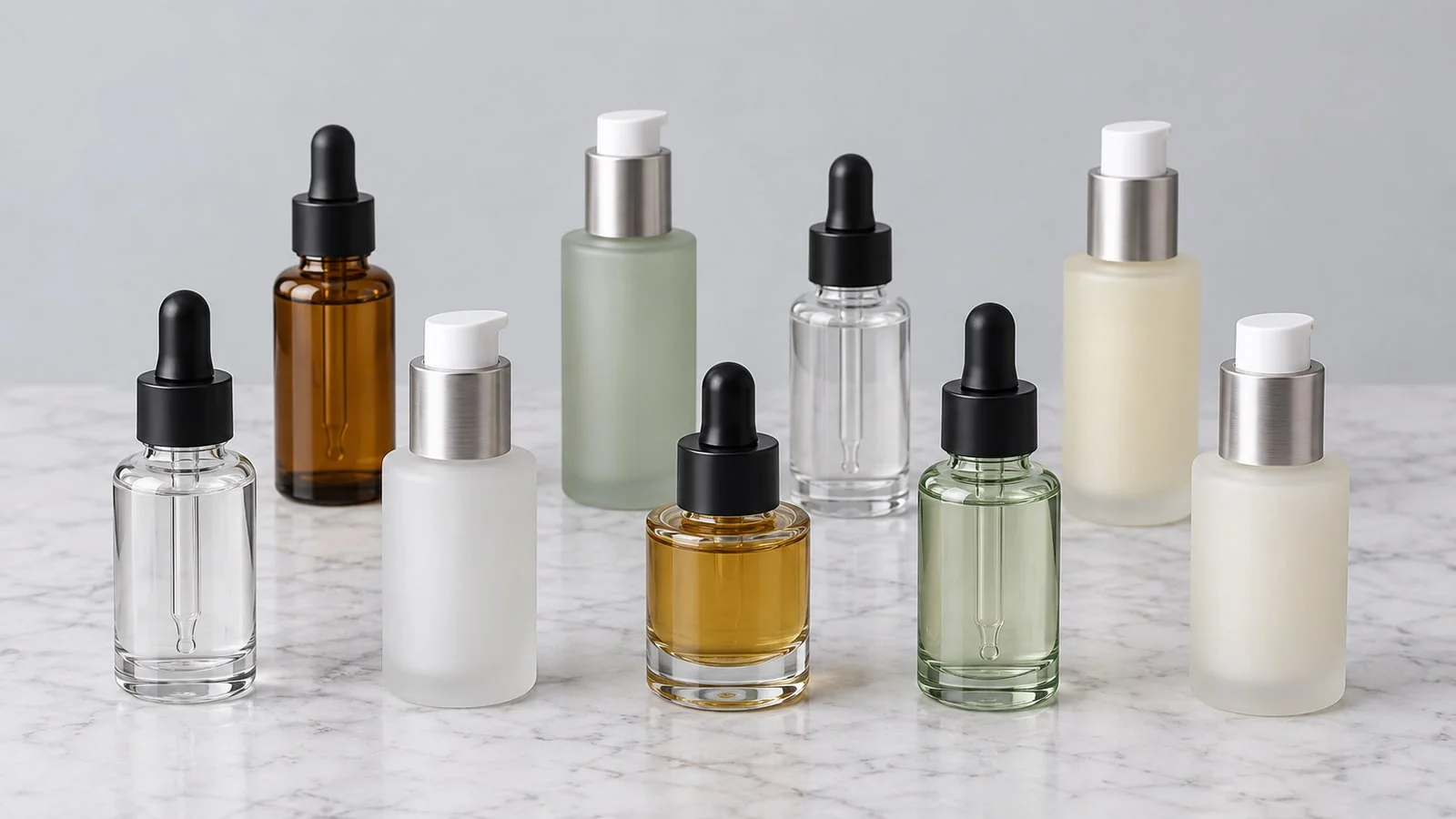 Nine unlabelled serum bottles in clear, amber, sage green and frosted glass staggered in two rows on a white marble surface