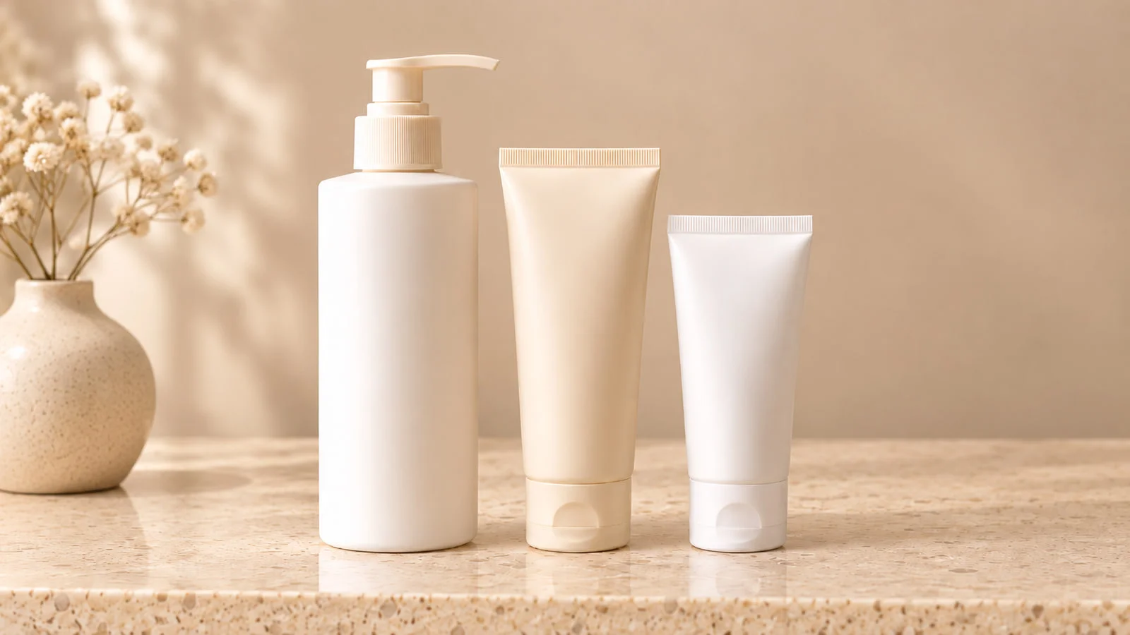 A white pump bottle, sage-green and cream sunscreen tubes in graduated heights on a warm beige terrazzo-style counter, with a speckled ceramic vase and olive branch softly blurred in the background.