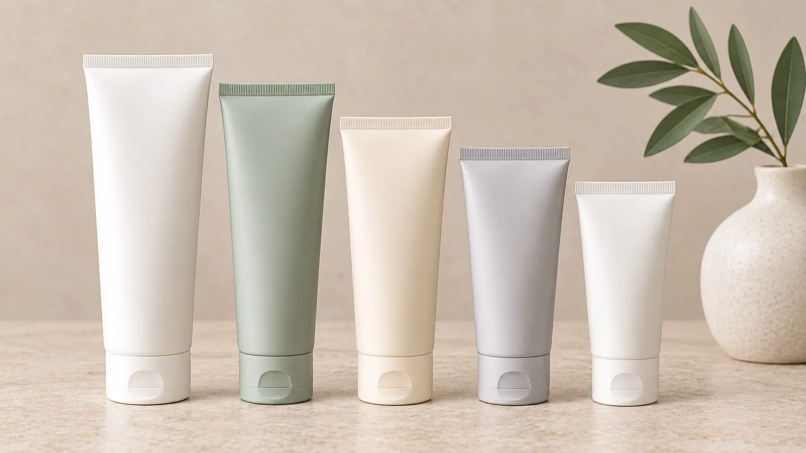 Five matte, sage-green, cream and white sunscreen tubes in graduated heights standing on a warm beige terrazzo-style stone counter, with a speckled ceramic vase and olive branch softly blurred in the background.