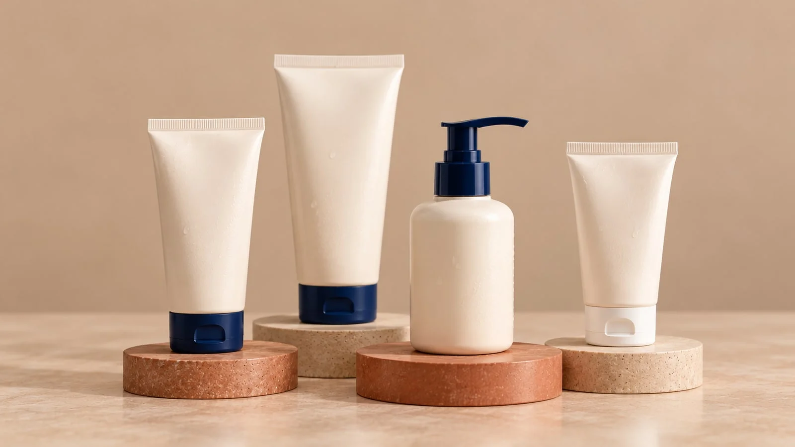 Four Korean sunscreen tubes and a pump bottle for sensitive skin on terracotta and stone pedestals