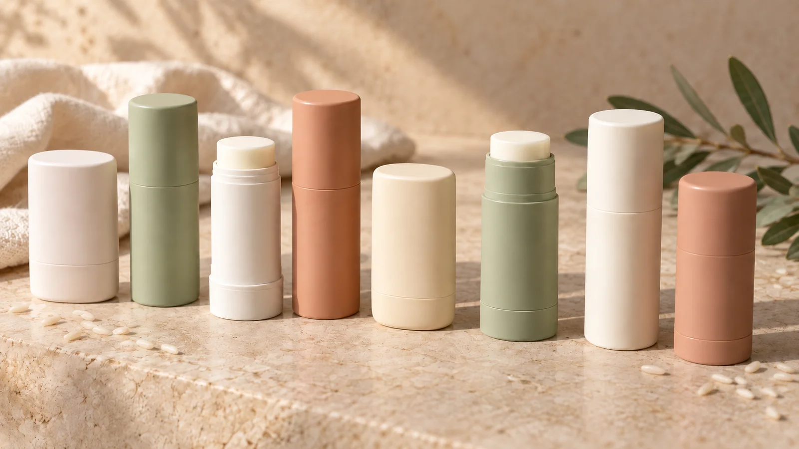 Eight unbranded sunscreen sticks in white, cream, sage and terracotta standing in a row on a pale stone ledge