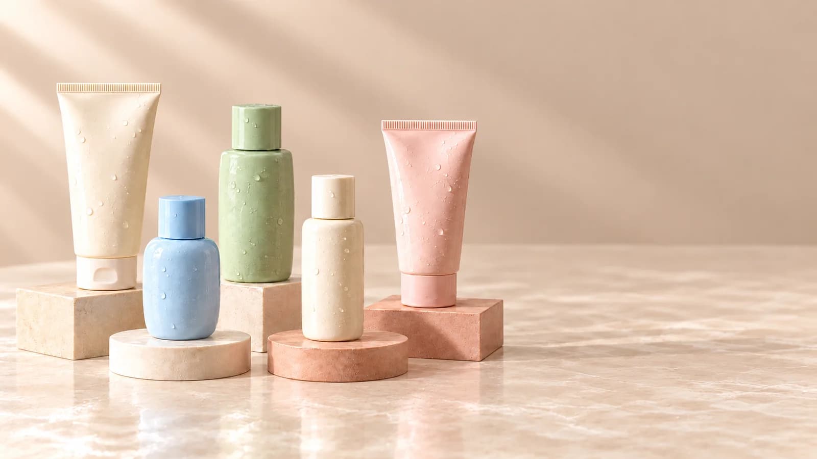 Five skincare bottles and tubes staged on pastel pedestal blocks against a warm beige background, water droplets visible