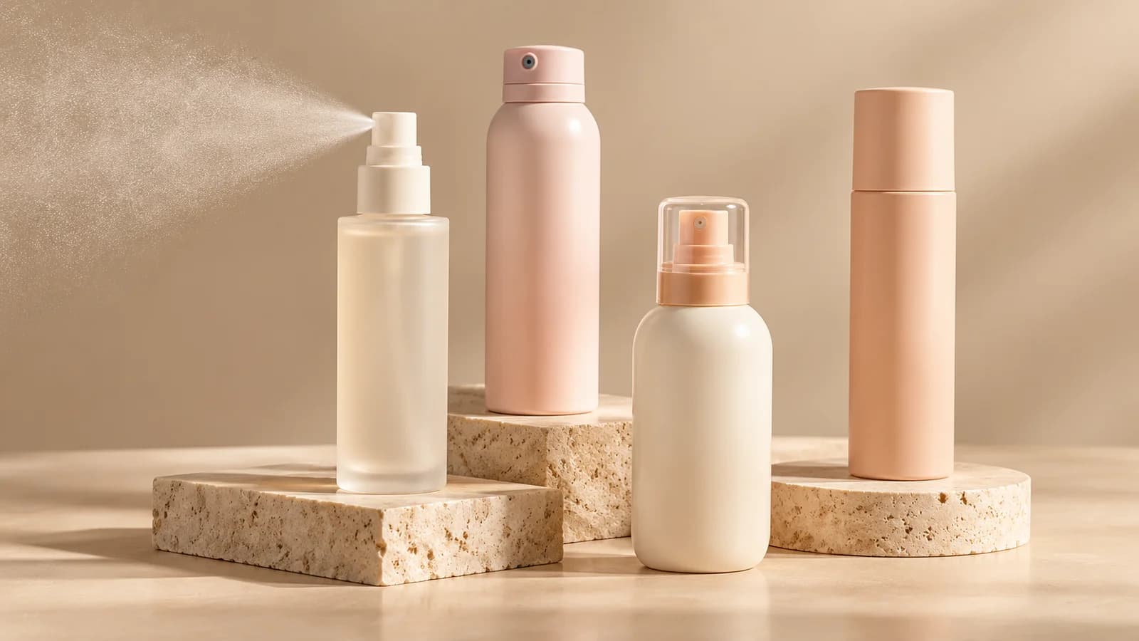 Four spray bottles of varying shapes staged on travertine stone blocks against a warm terracotta background, one actively spraying a fine mist