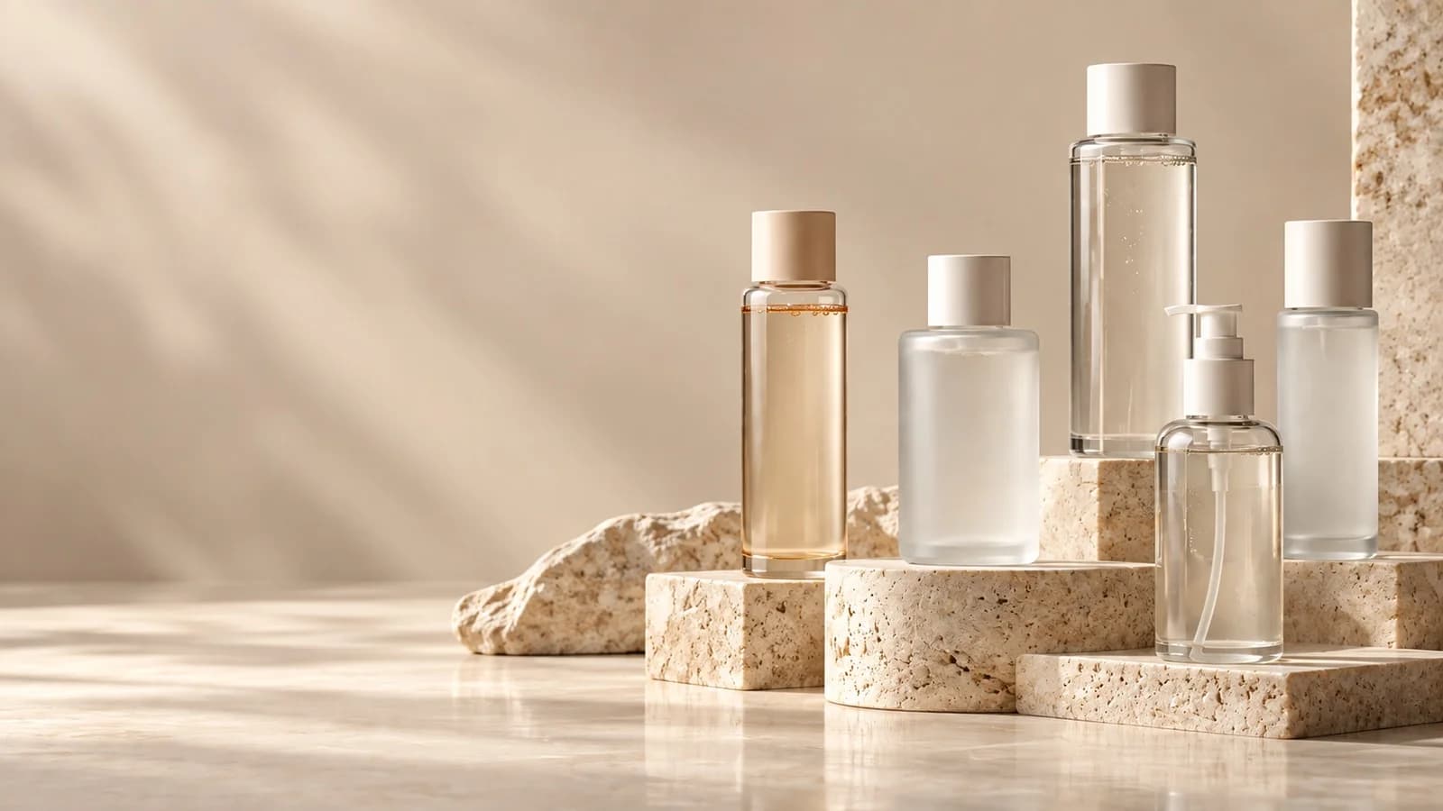 Five toner bottles of varying shapes and colors arranged on travertine stone podiums