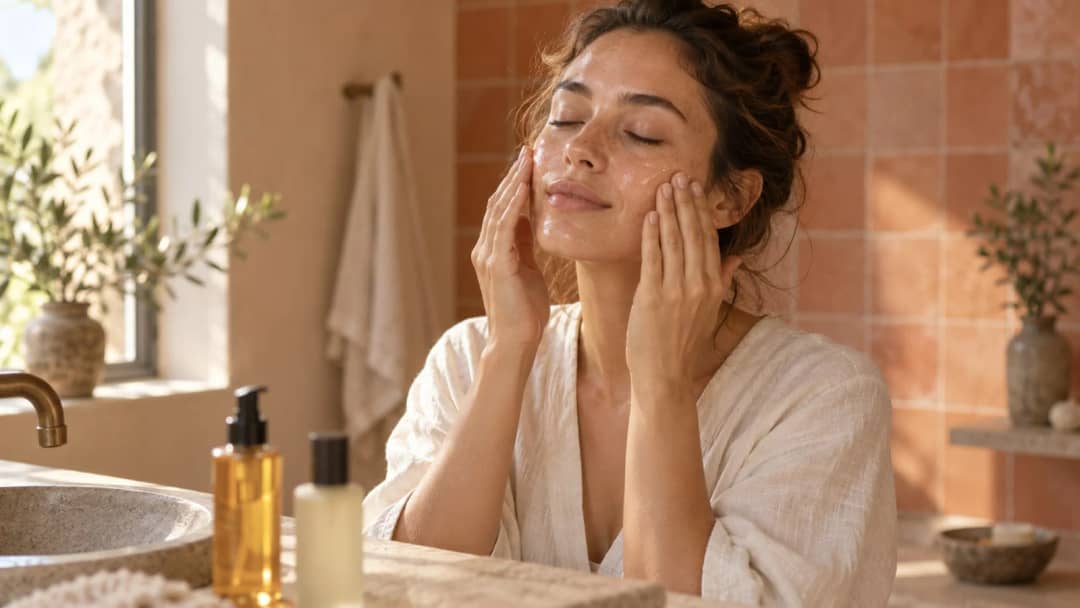 A woman massaging cleansing oil into dry skin with her fingertips, the first step of a double cleanse.