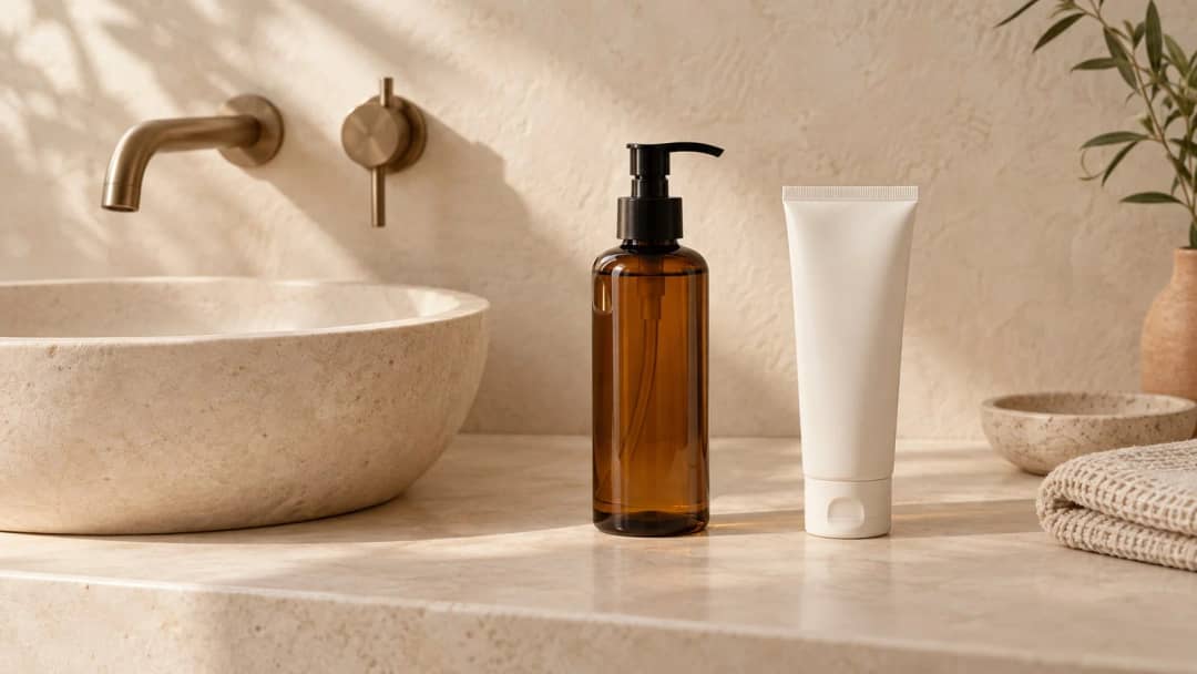 A cleansing oil bottle and a tube of face wash beside a basin, the oil based and water based pair a double cleanse needs.