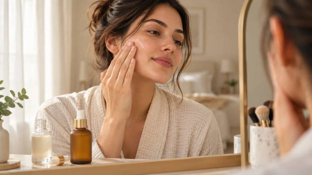 A woman applying a thin liquid to her cheek at a vanity mirror, with a clear bottle of thin liquid and a frosted amber dropper bottle of thicker honey-gold liquid on the counter.