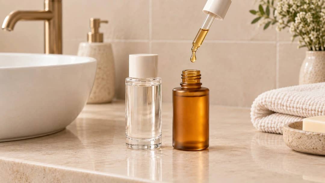A glass dropper releasing a single thick, honey-gold drop into an open amber bottle, beside a clear bottle of thin liquid on a marble bathroom counter.