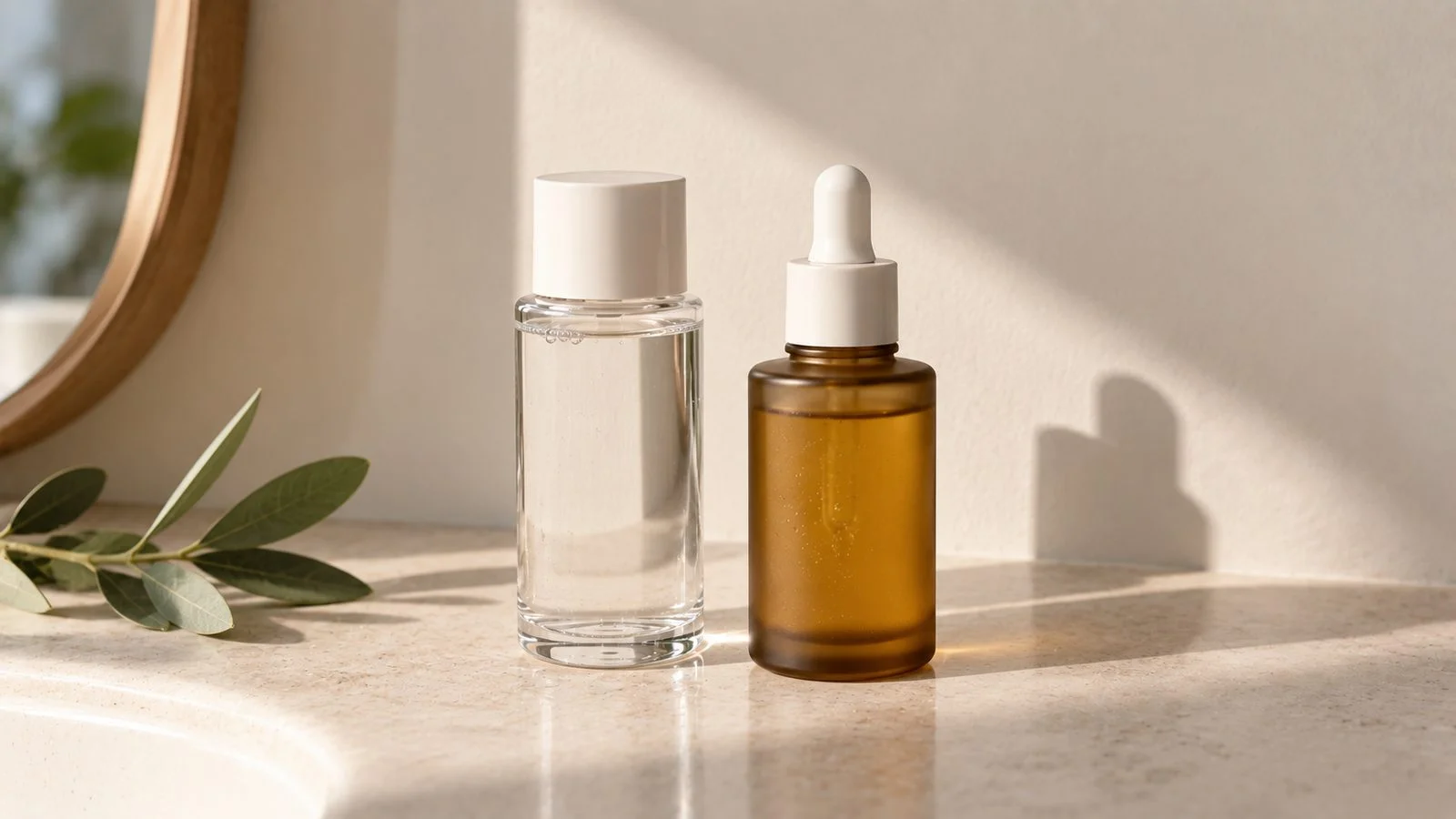 A clear bottle of thin, water-like liquid beside a darker amber bottle holding a noticeably thicker, honey-gold liquid, on a warm marble counter with a blurred mirror behind them.