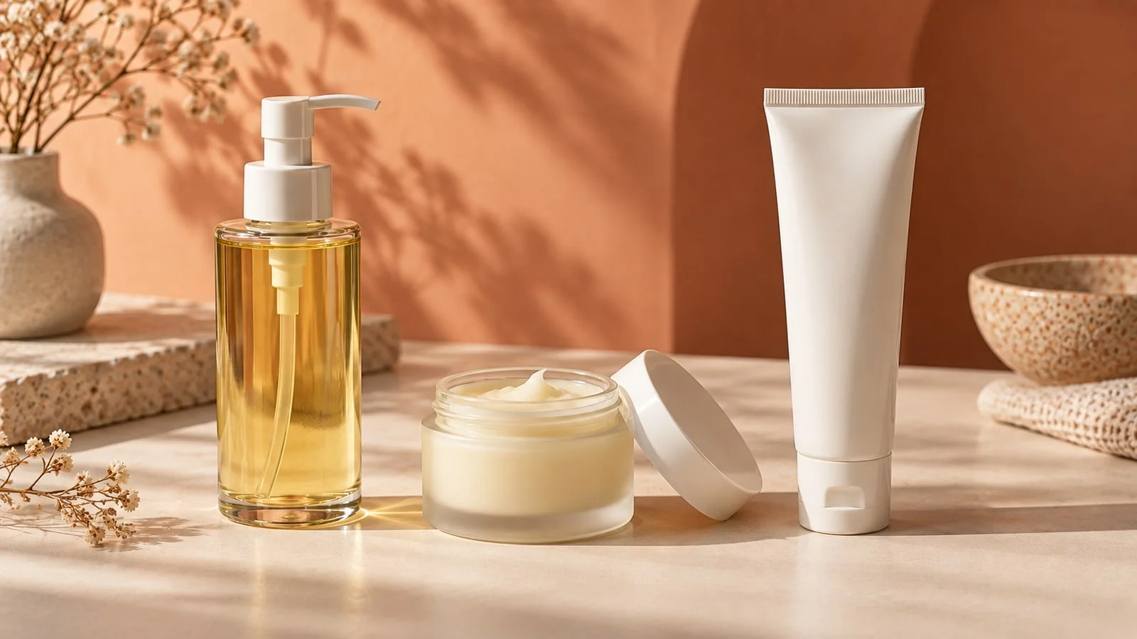 A cleansing oil bottle, an open jar of cleansing balm with its lid beside it and a tube of face wash on a peach background.