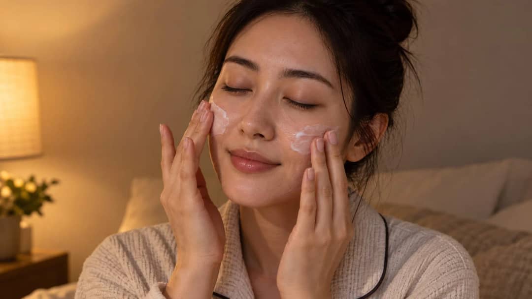 Woman patting moisturizer into both cheeks by lamplight at night, hair tied up and wearing a waffle robe