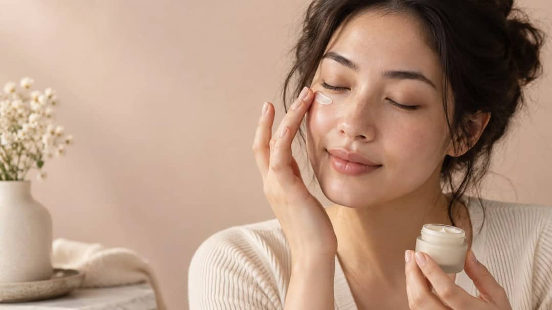 A woman tapping eye cream under her eye with her ring finger while holding a small unlabelled jar