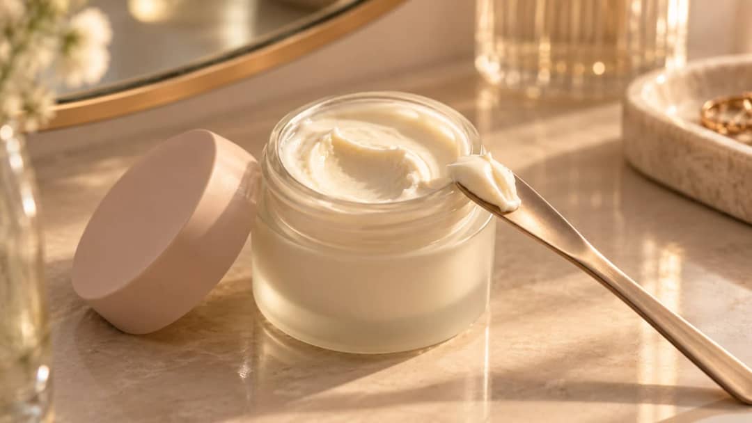 An open jar of pale eye cream on a marble vanity with a metal spatula holding a small amount beside it