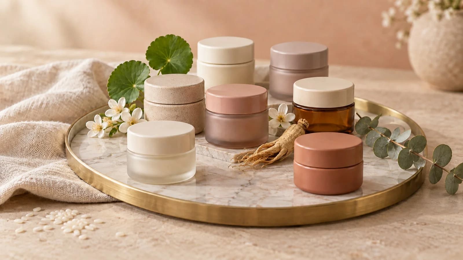 Seven unlabelled eye cream jars in cream, blush and amber glass on a marble tray with a gold rim, beside centella leaves, white blossoms, dried ginseng root and rice grains