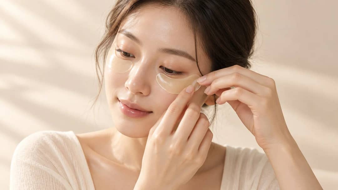 Woman applying hydrogel eye patches under both eyes