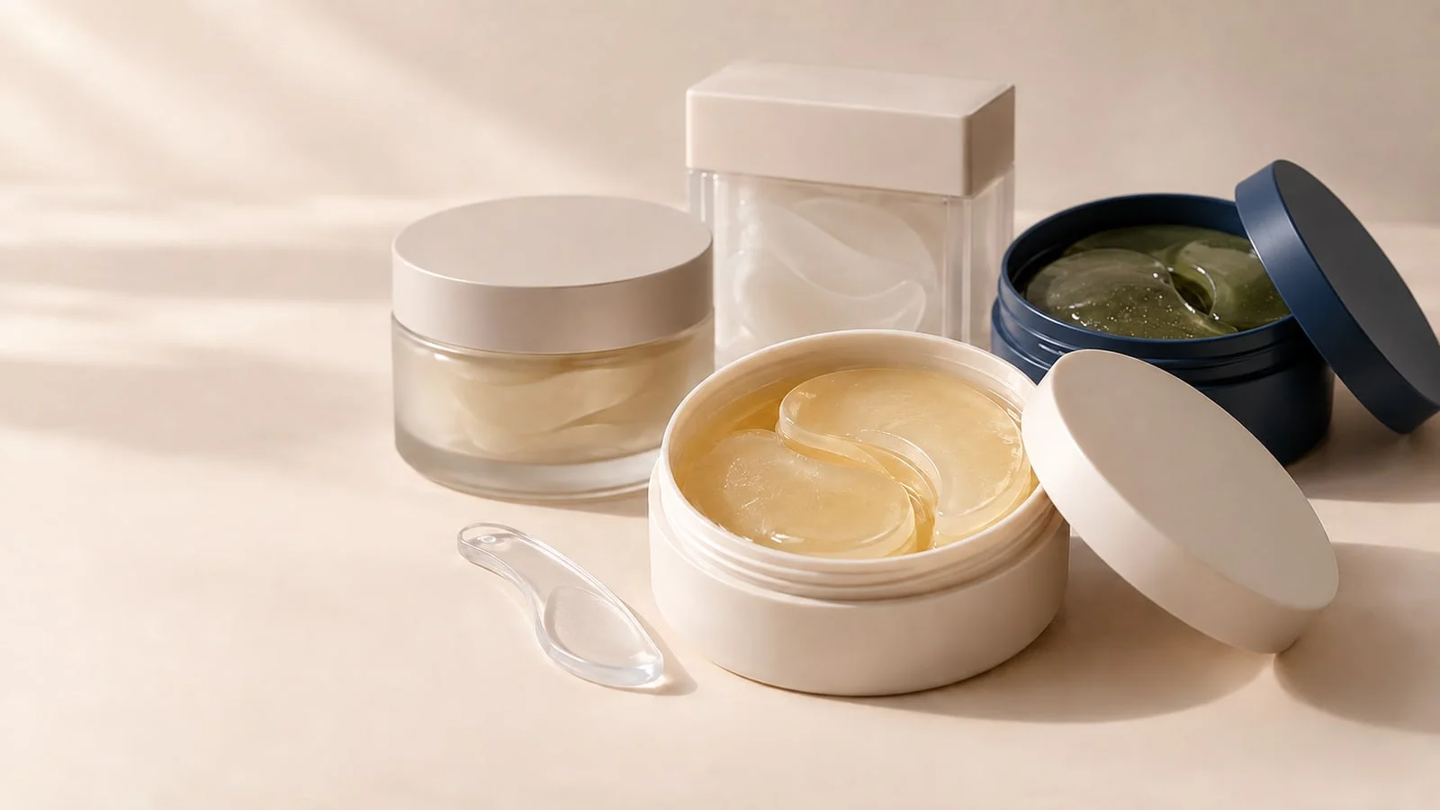 Four Korean eye patch containers, a glass jar, a clear box, an open tub with visible gel patches and spatula, and a navy tin
