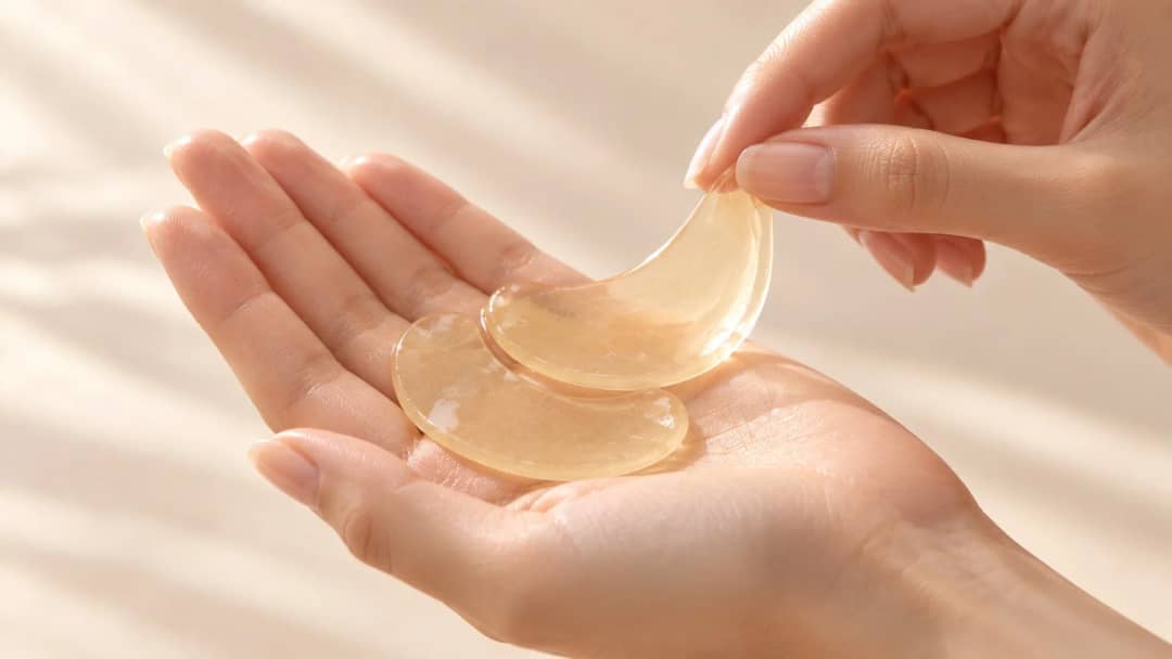 Two hydrogel eye patches held in an open palm, showing the translucent gel texture
