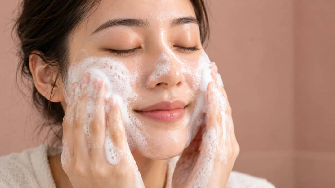 Close up of a woman washing her face with white cleanser foam, working it over her cheeks with both hands
