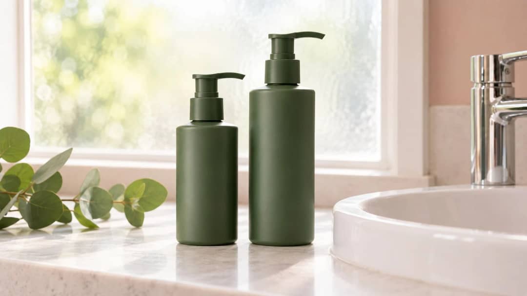 Two identical deep green unbranded cleanser bottles on a stone bathroom counter, one visibly shorter than the other