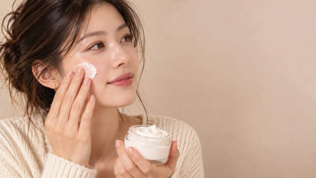 Woman applying cream to her cheek from an open jar