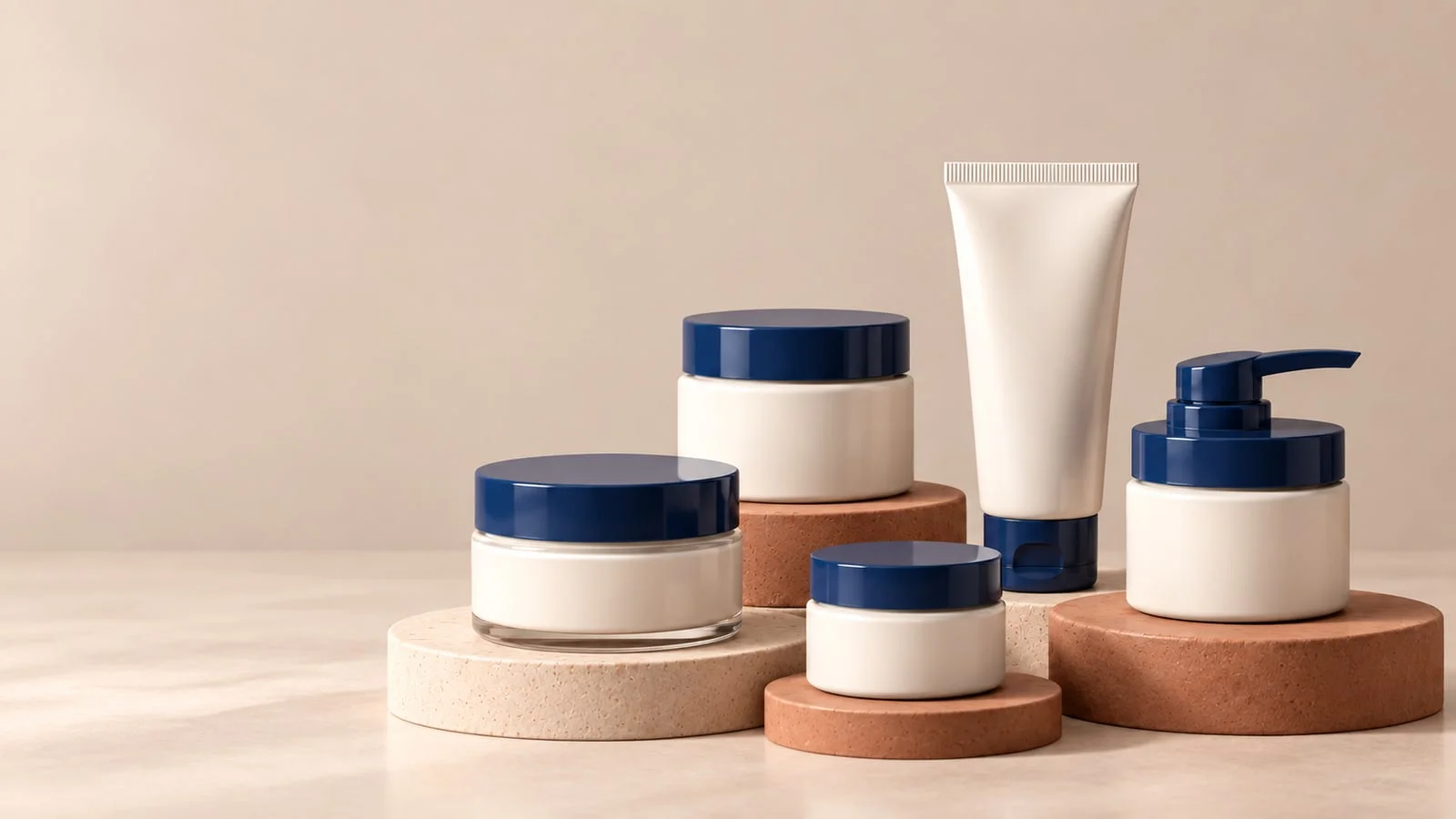 Five Korean moisturizer jars and tubs on terracotta pedestals