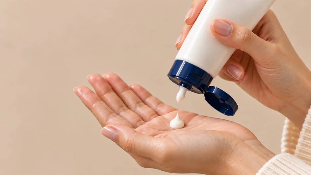 Cream dispensing from a flip-top tube onto an open palm