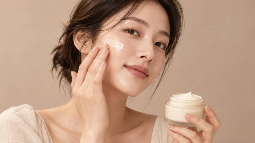 Woman applying gel-cream moisturizer to her cheek while holding an open jar