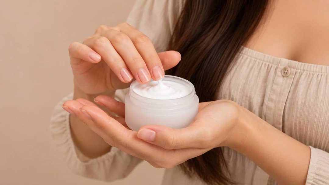 Woman dipping her finger into an open jar of gel-cream moisturizer held in her other hand
