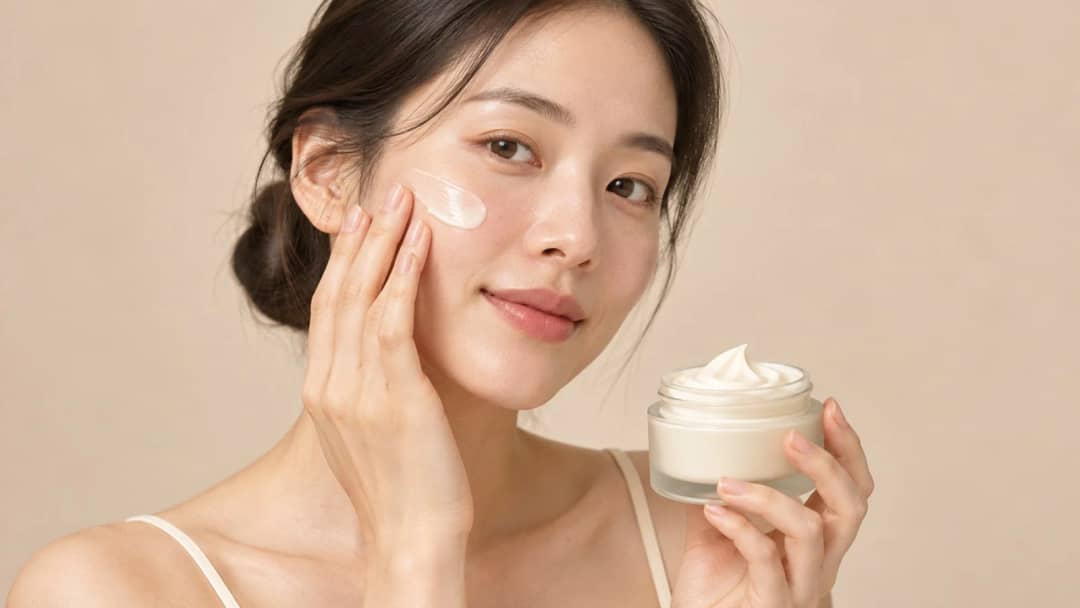 Woman applying moisturizer to her cheek while holding an open jar of cream