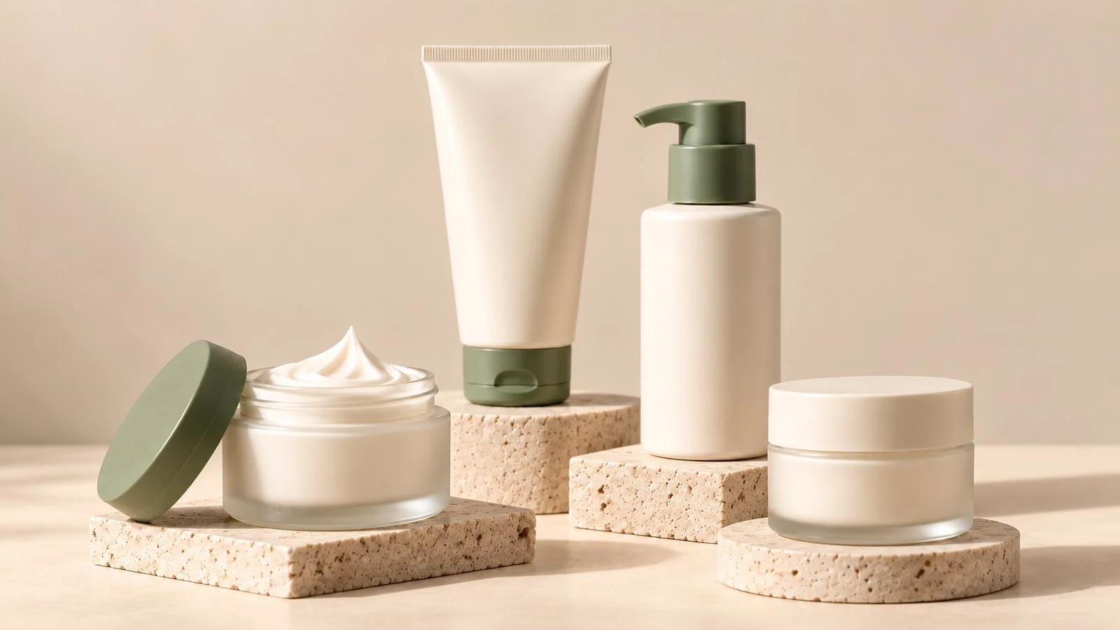 Four Korean moisturizer containers for sensitive skin with sage-green caps on stone pedestals
