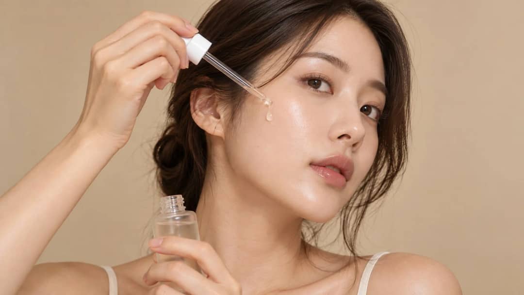 Woman applying peptide serum to her face with a dropper