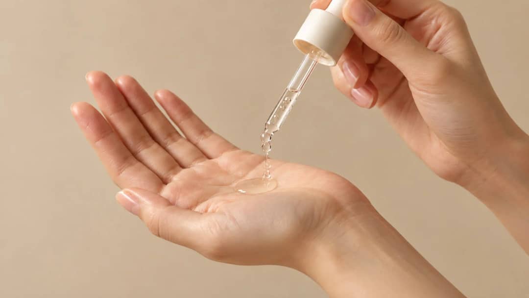 Peptide serum drops falling from a dropper into an open palm