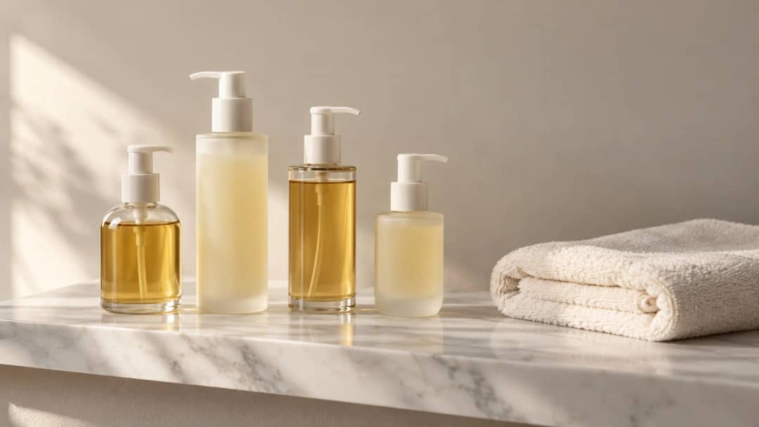 Four unlabelled cleansing oil pump bottles on a marble ledge beside folded towels in morning light